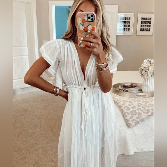New Boho Flowy Plunge Maxi Gauze Cover Up Dress Summer White - Picture 13 of 15